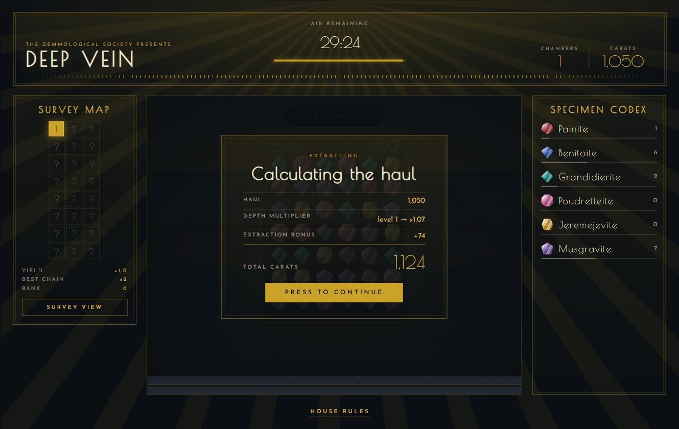 Deep Vein extraction screen: Calculating the haul, showing the raw haul, the depth multiplier at level 1, an extraction bonus, and the total carats banked