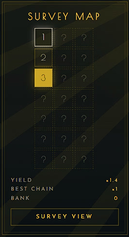 Deep Vein survey map panel: a three-column grid of chambers with chambers 1 to 3 charted, chamber 3 highlighted, and the rest shown as unexplored question marks, above yield, best chain and bank readouts