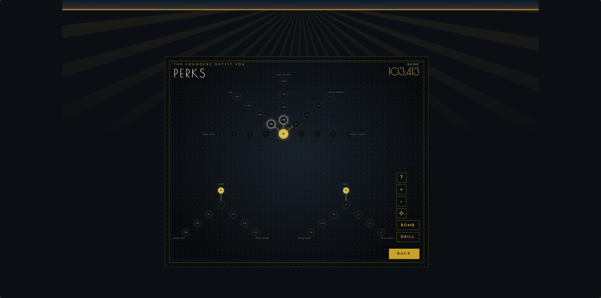 Deep Vein perks skill tree: a fan of general perk nodes above two branching Bomb and Drill trees, priced in carats and gated by achievements