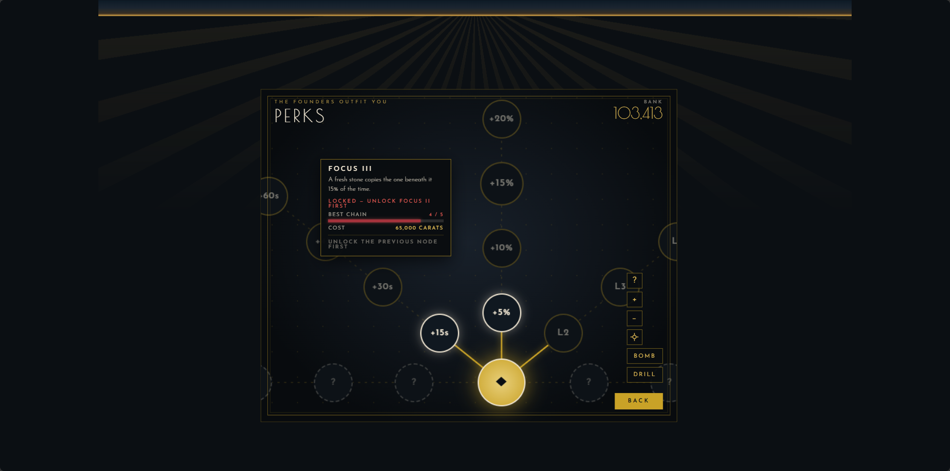 Deep Vein perk tooltip for Air III: start with 45 extra seconds of air, locked until level 5 is reached, costing 70,000 carats